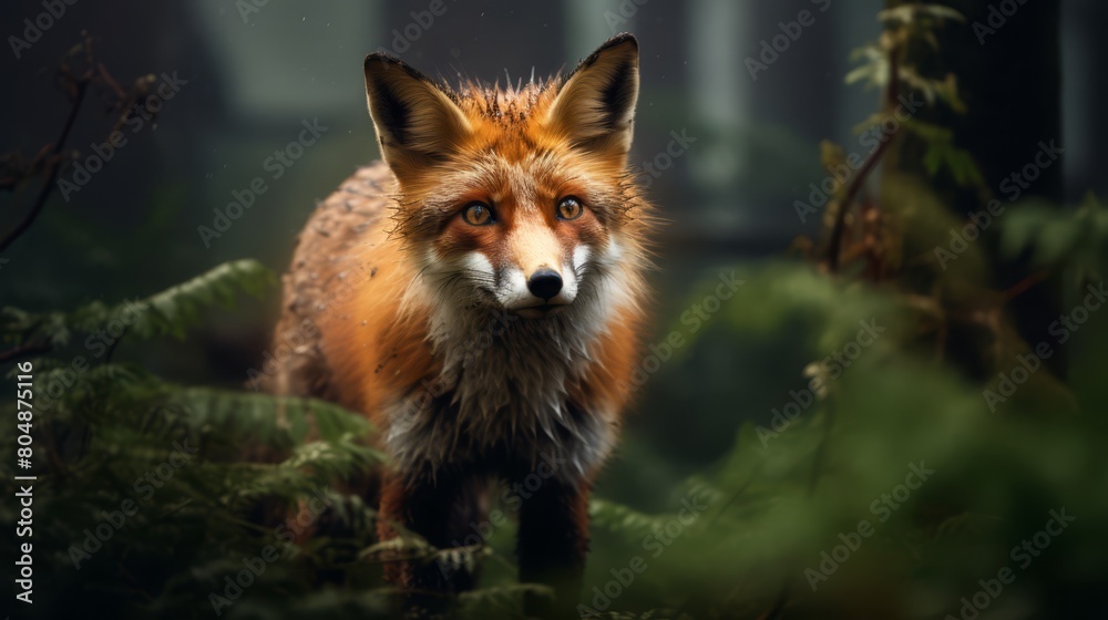 Close-up stock photo of a fox stalking its prey in a dense, misty forest, highlighting its alert expressions, Close-up stock photo of a fox stalking its prey in a dense, misty forest, highlighting its alert expressions,