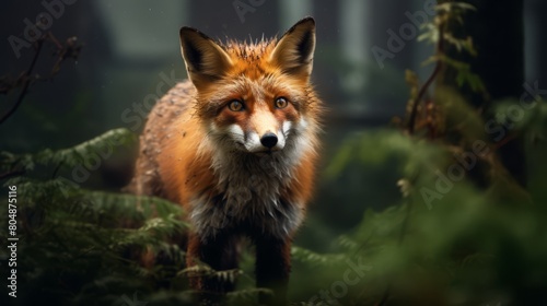 Close-up stock photo of a fox stalking its prey in a dense, misty forest, highlighting its alert expressions,