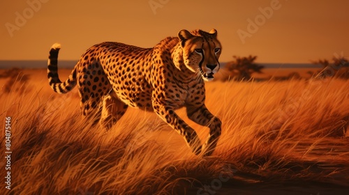 A stealthy cheetah stalks a gazelle in the golden light of dusk  exemplifying the tense dynamics of predator and prey 