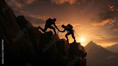 Image capturing the silhouette of two climbers on a mountain  illustrating teamwork with one helping the other over an obstacle  under a dusky sky 