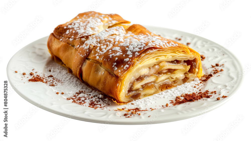 Topfenstrudel on plate isolated on white background