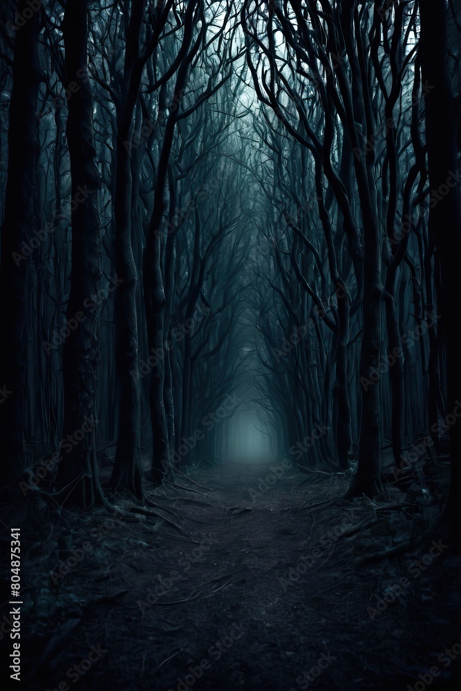 Obraz premium through a dark forest in the fog that looks very scary