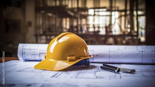Construction blueprint on a table with a hard hat and tools, emphasizing planning and preparation,