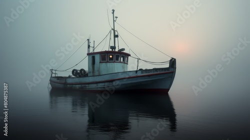 Fishing boat on a foggy morning  eerie and silent 