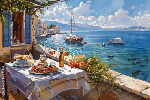 Shoreside Serenity: A Captivating Painting of a Beach with Table, Chairs, and a Tranquil Boat in the Water