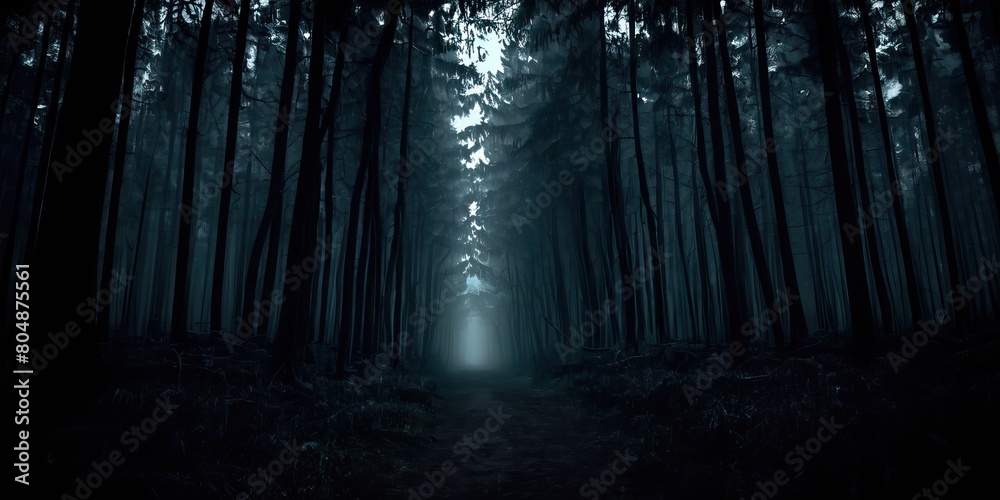 Obraz premium through a dark forest in the fog that looks very scary
