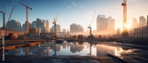 Wide-angle view of an urban construction site at dawn, empty and bathed in soft morning light,