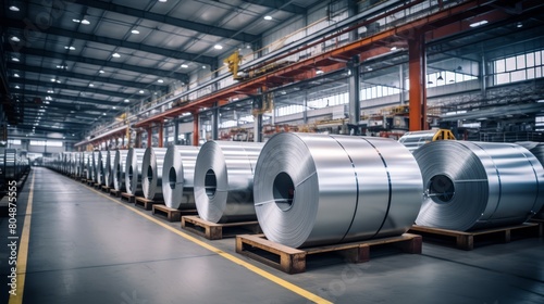 Photo of large rolls of aluminum at a processing plant, focusing on the scale and storage of metal materials,