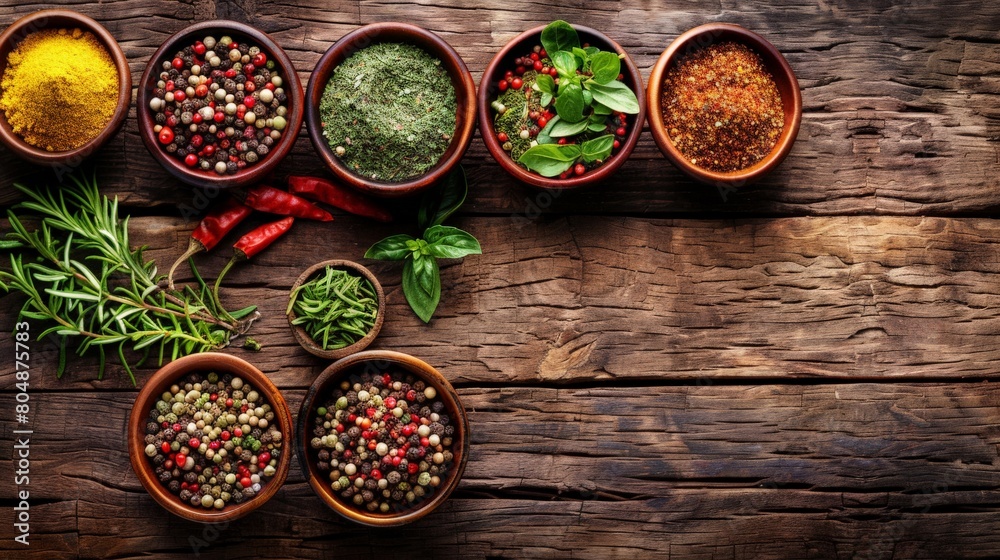Aromatic herbs and spices neatly organized in small bowls on a wooden surface, with plenty of space for writing Aromatic herbs and spices neatly organized in small bowls on a wooden surface, with plenty of space for writing