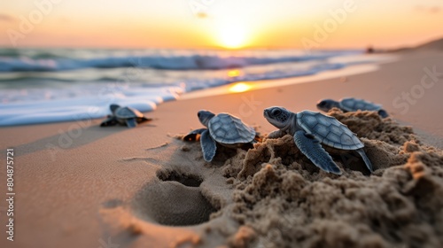 Newborn sea turtles making their first journey to the ocean, a critical and vulnerable start to their life cycle,