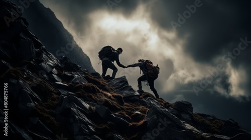 On a rugged mountain path, silhouettes of two people demonstrate teamwork by helping each other, against a backdrop of a stormy sky, © FoxGrafy