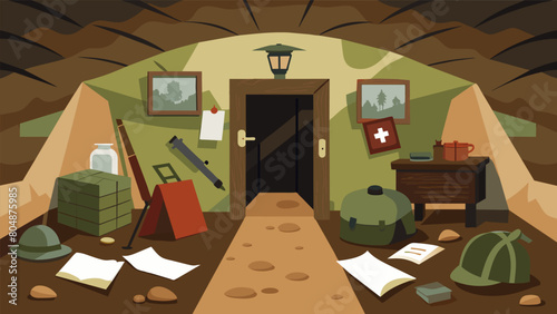 A replica of a soldiers trench surrounded by letters and items from the war. Visitors can step inside and experience a small glimpse of what life was. Vector illustration