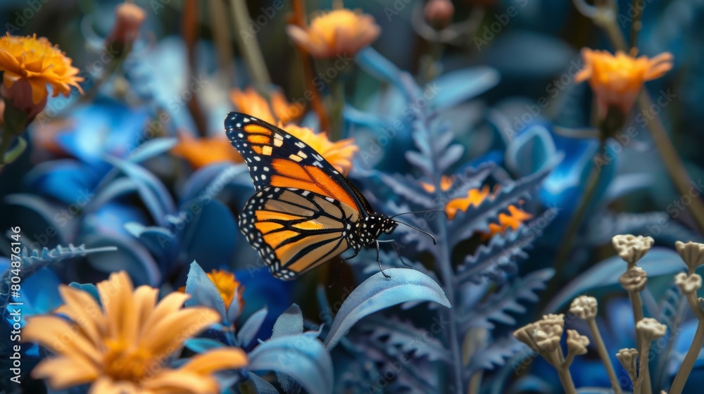 Fototapeta premium Close-up of a Monarch butterfly in a whimsical fairy garden, its wings contrasting beautifully against blue foliage and bright flowers