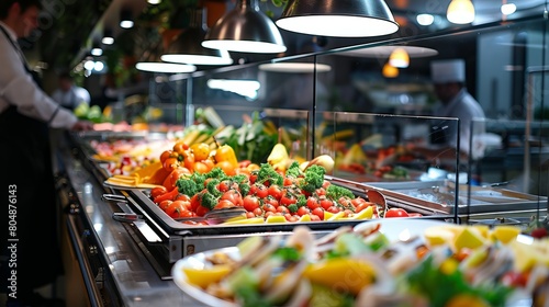 Vibrant Buffet Spread with Colorful Fruits  Vegetables  and Meat  Arranged in Line at a Restaurant