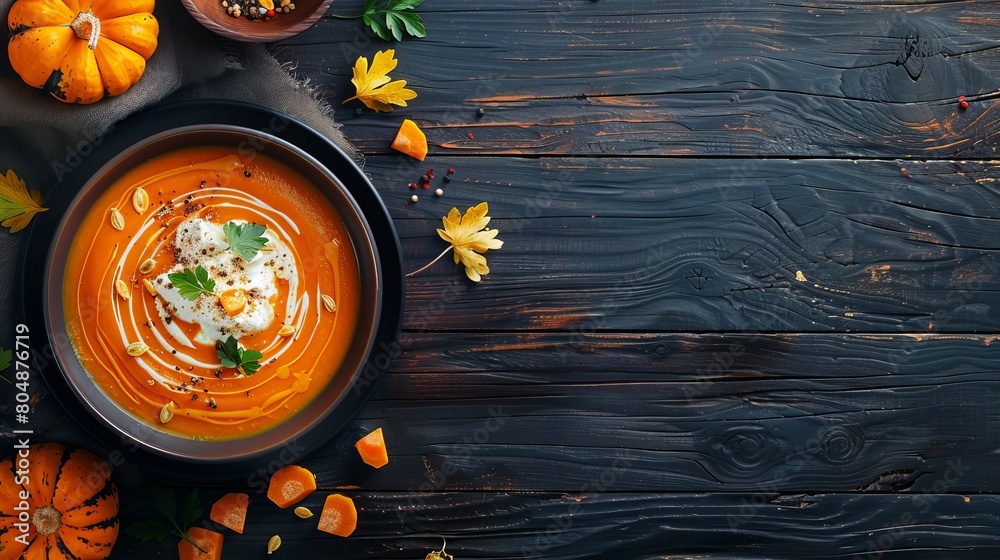 Pumpkin Carrot Soup with Cream & Parsley on Dark Wooden Background - Top View, Copy Space Available