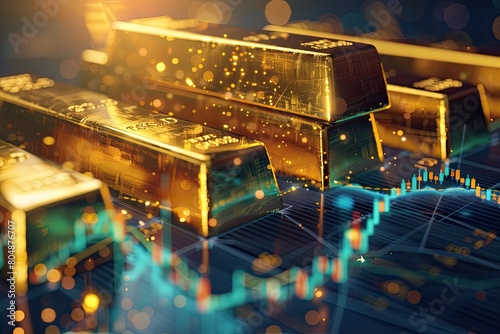 A conceptual image of a gold bar superimposed with glowing financial market data, highlighting the dynamics of commodity trading and investment.