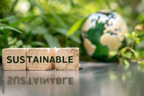 Sustainable business practices with our eco-friendly image of 'SUSTAINABLE' spelled out in wooden blocks, complemented by a green globe. Ideal for finance and eco-conscious themes.