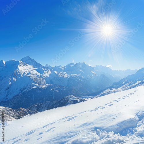 A  beautiful snow-capped mountain range under a bright sun. photo