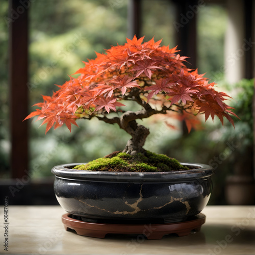 A stunning japanese maple bonsai in a marble flowerpot in blurred backdrop