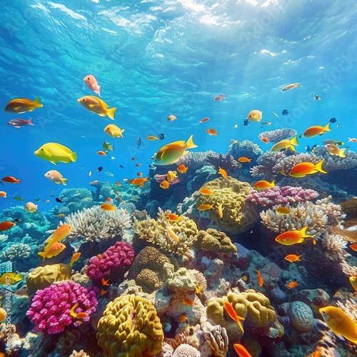 Underwater view of a coral reef with many colorful fish. © WACHI