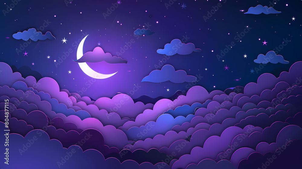 night sky with stars and moon. paper art style. Dreamy background with moon stars and clouds, abstract fantasy background. Half moon, stars and clouds on the dark night sky background