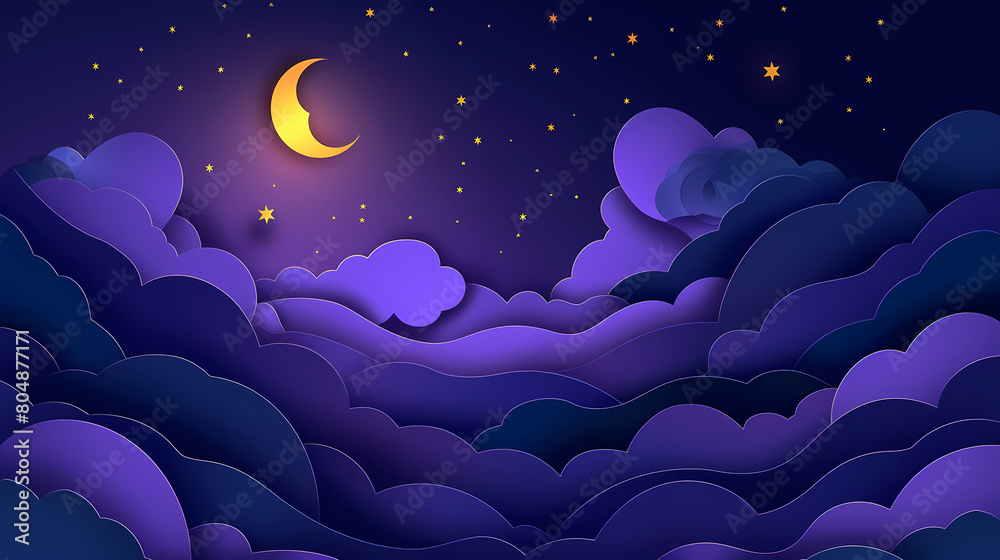 night sky with stars and moon. paper art style. Dreamy background with moon stars and clouds, abstract fantasy background. Half moon, stars and clouds on the dark night sky background night sky with stars and moon. paper art style. Dreamy background with moon stars and clouds, abstract fantasy background. Half moon, stars and clouds on the dark night sky background