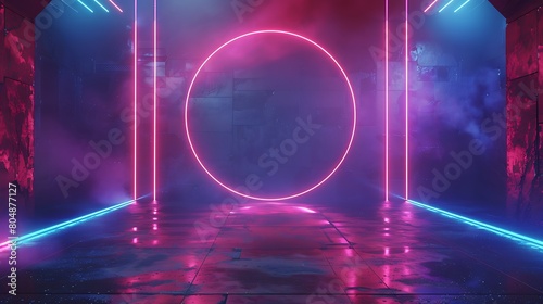 Cyberpunk Neon Laser Cyber Sci Fi Circle Lights Glowing Classic Retro Blue Red Pantone Reflective Concrete Grunge Club Night Dance Floor Stage Studio 3D Rendering illustration. Generative Ai © mahaart
