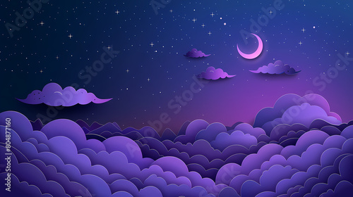 night sky with stars and moon. paper art style. Dreamy background with moon stars and clouds  abstract fantasy background. Half moon  stars and clouds on the dark night sky background