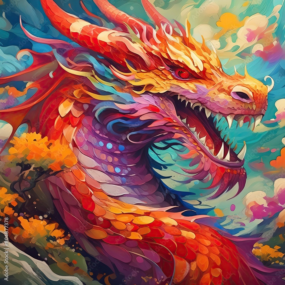  a spotted red dragon with colorful. Water color dragon art. colorful dragon illustration