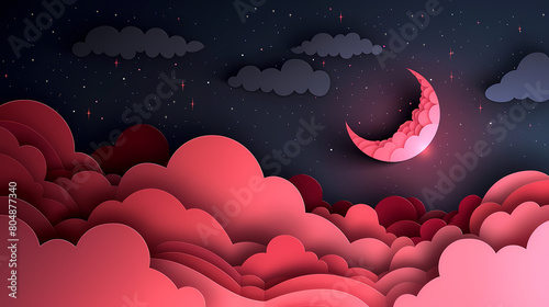 night sky with stars and moon. paper art style. Dreamy background with moon stars and clouds  abstract fantasy background. Half moon  stars and clouds on the dark night sky background