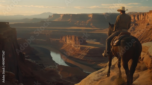 Cowboy on horseback gazes over canyon at sunset. Stetson hat, leather gloves. American Southwest cinematic feel © Glebstock