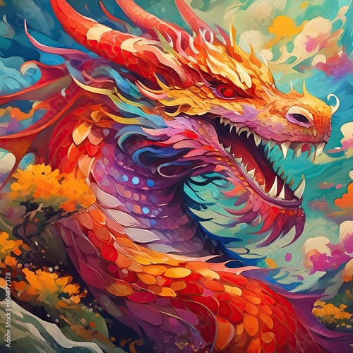  a spotted red dragon with colorful. Water color dragon art. colorful dragon illustration © Rahmat 