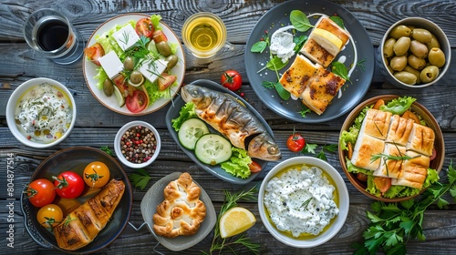 Traditional Greek Gastronomy: Vibrant Meze, Fresh Salad, Savory Pies & More on Wooden Platter, Top View photo
