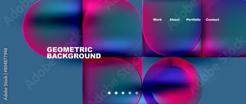 A colorful geometric design featuring circles and squares on an azure background. The vibrant mix of purple, violet, magenta, and electric blue creates a lively and dynamic visual texture