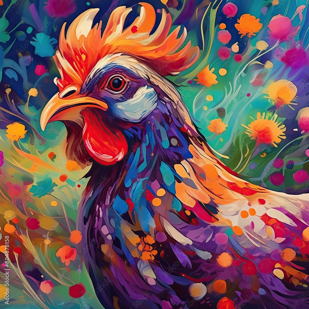 a spotted chicken with colorful . rooster on the background. chicken art water color