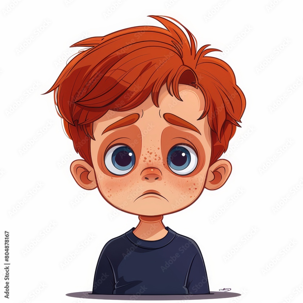 A close up of a little boy face, isolated on white background. 2D drawing design of sad and crying emotion lips with red hair. A close up of a little boy face, isolated on white background. 2D drawing design of sad and crying emotion lips with red hair.