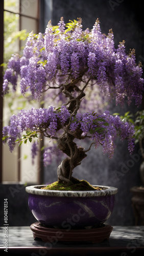 A stunning wisteria bonsai in a marble flowerpot in isolated blurred backdrop