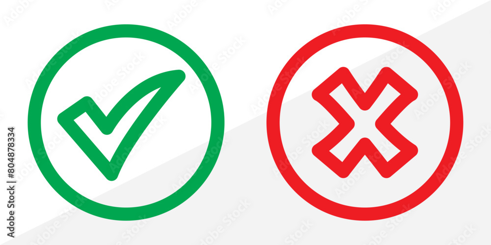Green check mark and red cross mark in circle. Vector illustration. Isolated on white background in eps 10. Green check mark and red cross mark in circle. Vector illustration. Isolated on white background in eps 10.