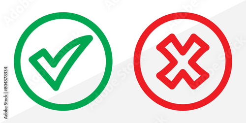 Green check mark and red cross mark in circle. Vector illustration. Isolated on white background in eps 10.