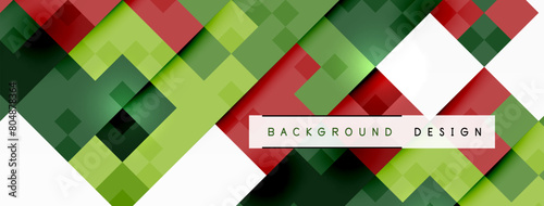 A creative arts design featuring rectangles and triangles in shades of green and red on a magenta background. The pattern creates a symmetrical and eyecatching flooring, perfect for textile projects