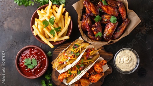 Delicious Carne Asada Fries and Buffalo Chicken Wings Spread: Top-Down Photo of Mouthwatering Tex-Mex Feast photo