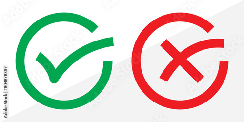 Green check mark and red cross mark in circle. Vector illustration. Isolated on white background in eps 10. photo