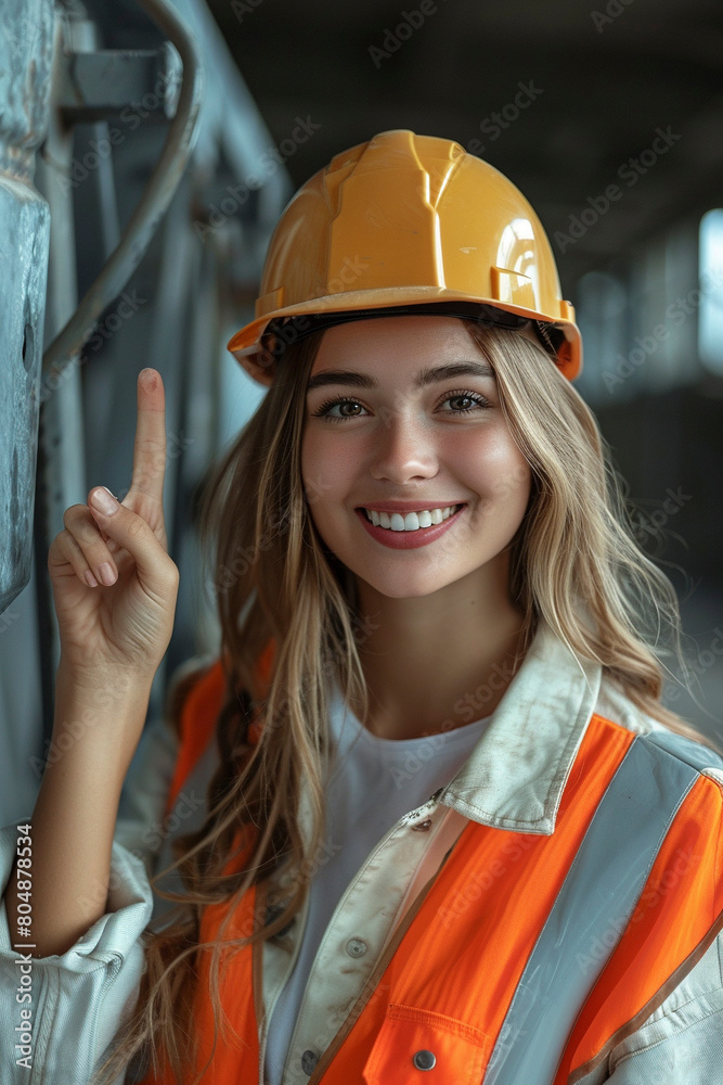 Happy female worker, pointing to side, smiling at camera Happy female worker, pointing to side, smiling at camera