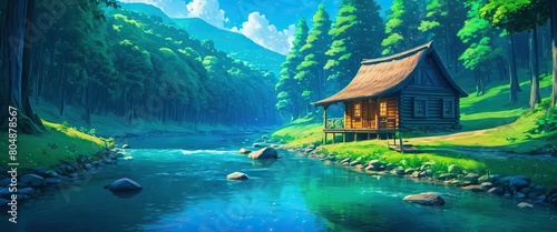 A cabin deep in the Forest with a river flowing next to it, tranquil scene