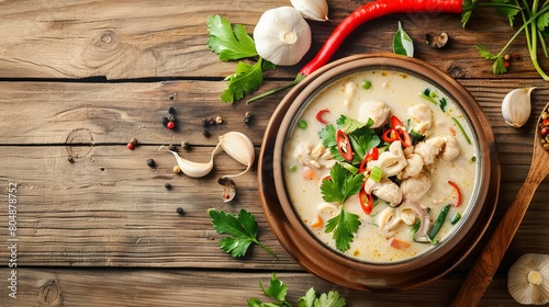 Authentic Thai Cuisine: Tom Kha Gai Soup in Bowl with Fresh Ingredients on Wooden Table photo