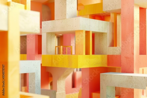 A colorful building made of blocks with a yellow and orange section
