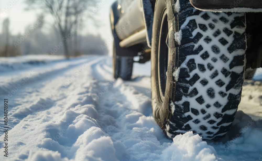 Naklejka premium Winter Tires on a Snowy Road: Essential for Safe Cold Weather Driving