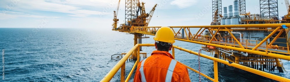 Oil rig worker overseeing operations, highlighting the challenging yet crucial energy production work they perform, set against an ocean backdrop Oil rig worker overseeing operations, highlighting the challenging yet crucial energy production work they perform, set against an ocean backdrop