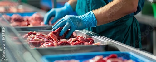 Meat packer in a distribution plant, emphasizing the critical step they provide in food preparation and distribution logistics photo