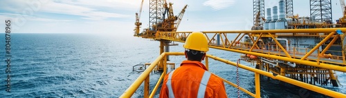 Oil rig worker overseeing operations, highlighting the challenging yet crucial energy production work they perform, set against an ocean backdrop